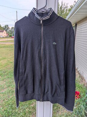 Lacoste Mens Track Jacket Double Full Zip Black Cotton Stand Up Collar Size XL